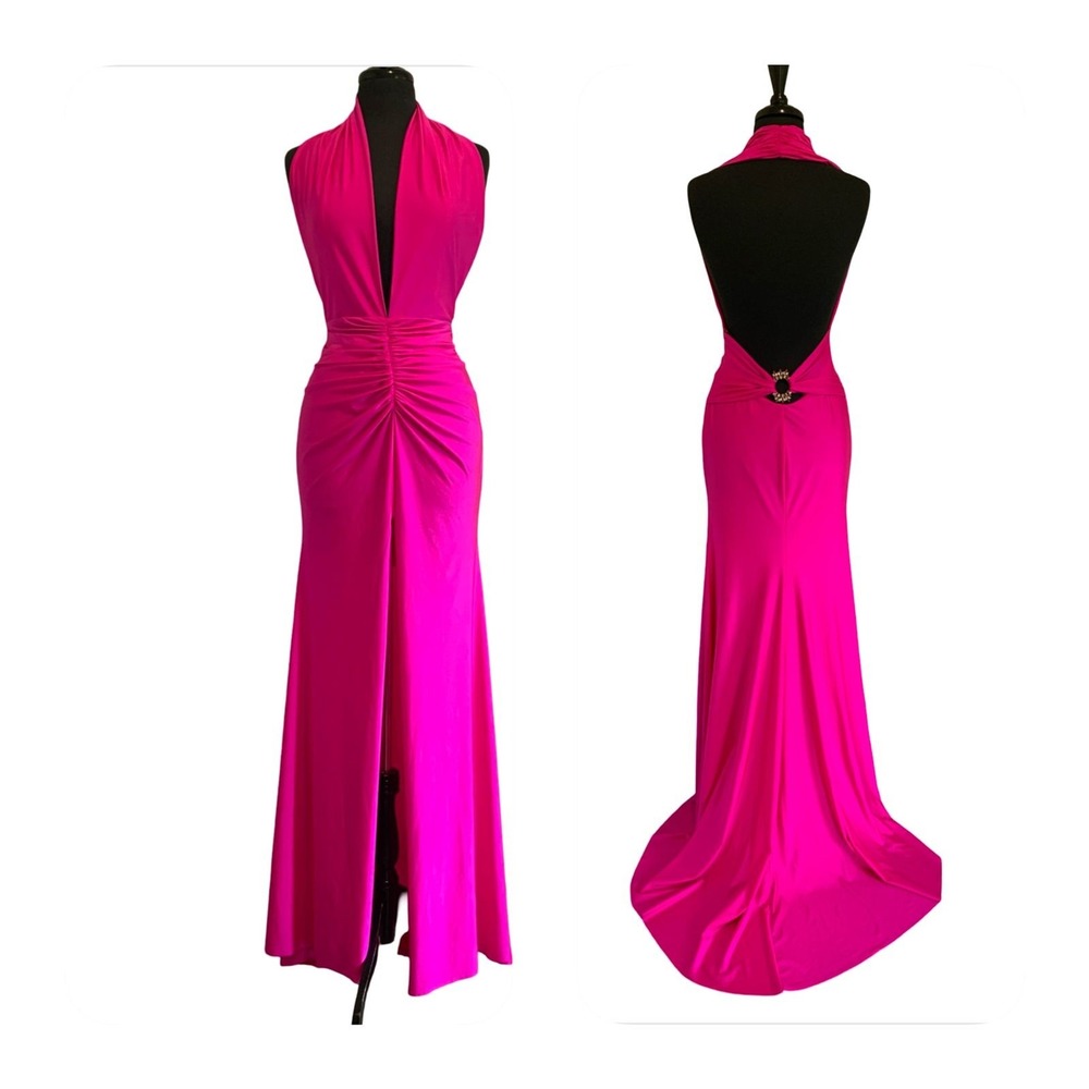 Tarik Ediz 50757 Fuchsia Halter Open Back Ruched Evening Gown Prom Dress US 8